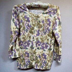 Caslon Women Button Front Knit Cardigan Sweater Medium Purple Green Print Cotton